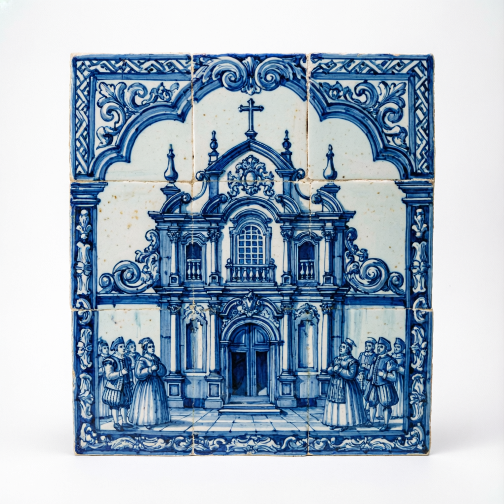 Painel de azulejos portugueses com pintura de igreja em tons de azul