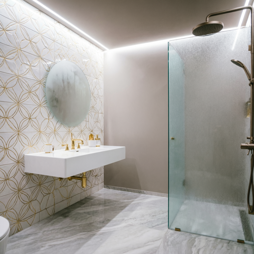 Banheiro luxuoso com azulejos decorativos brancos e dourados