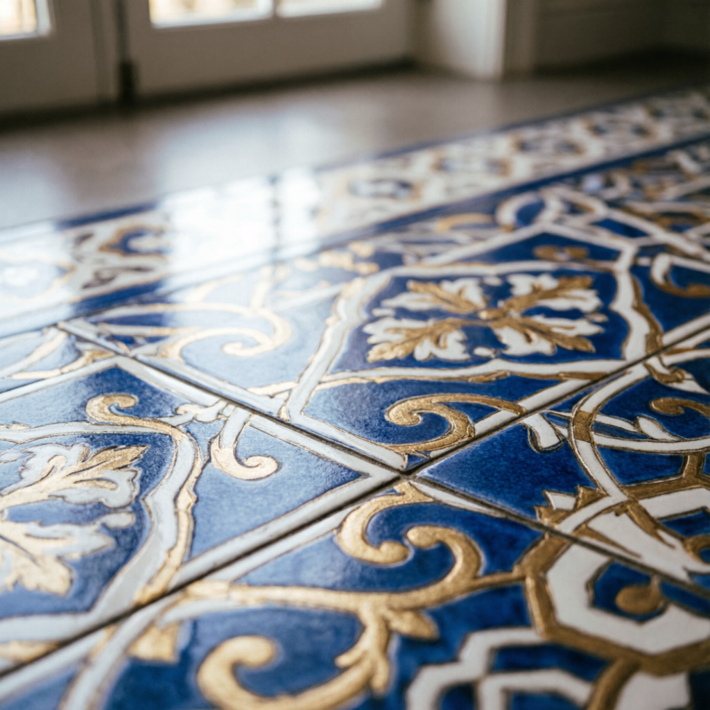 Pisos decorativos com detalhes em dourado e azul - Pisos e azulejos em São José do Rio Preto