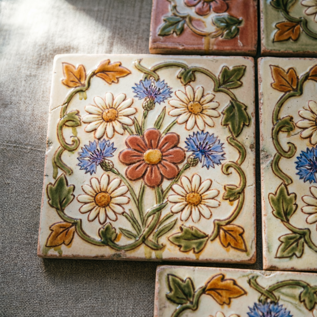 Detalhe de azulejos antigos pintados à mão com padrões florais coloridos