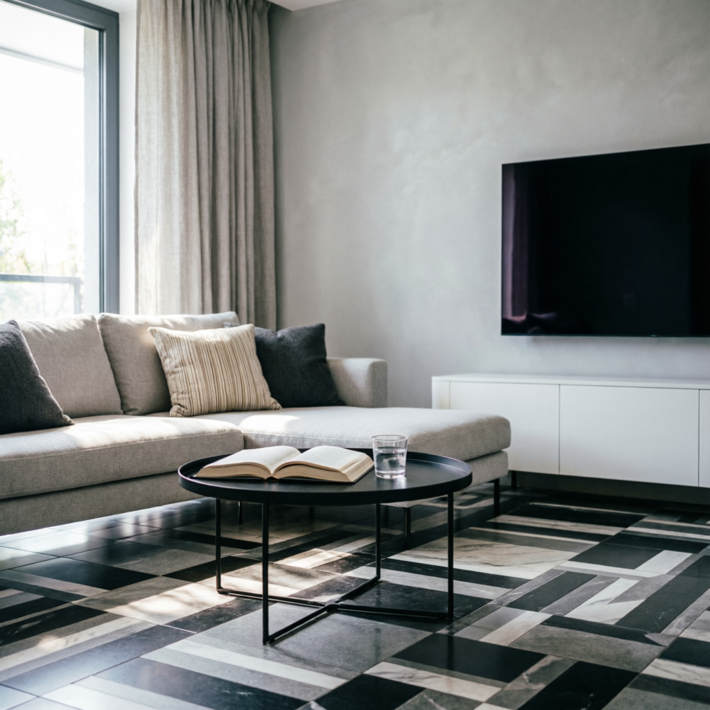 Sala moderna com pisos decorativos geométricos - Pisos baratos SJRP