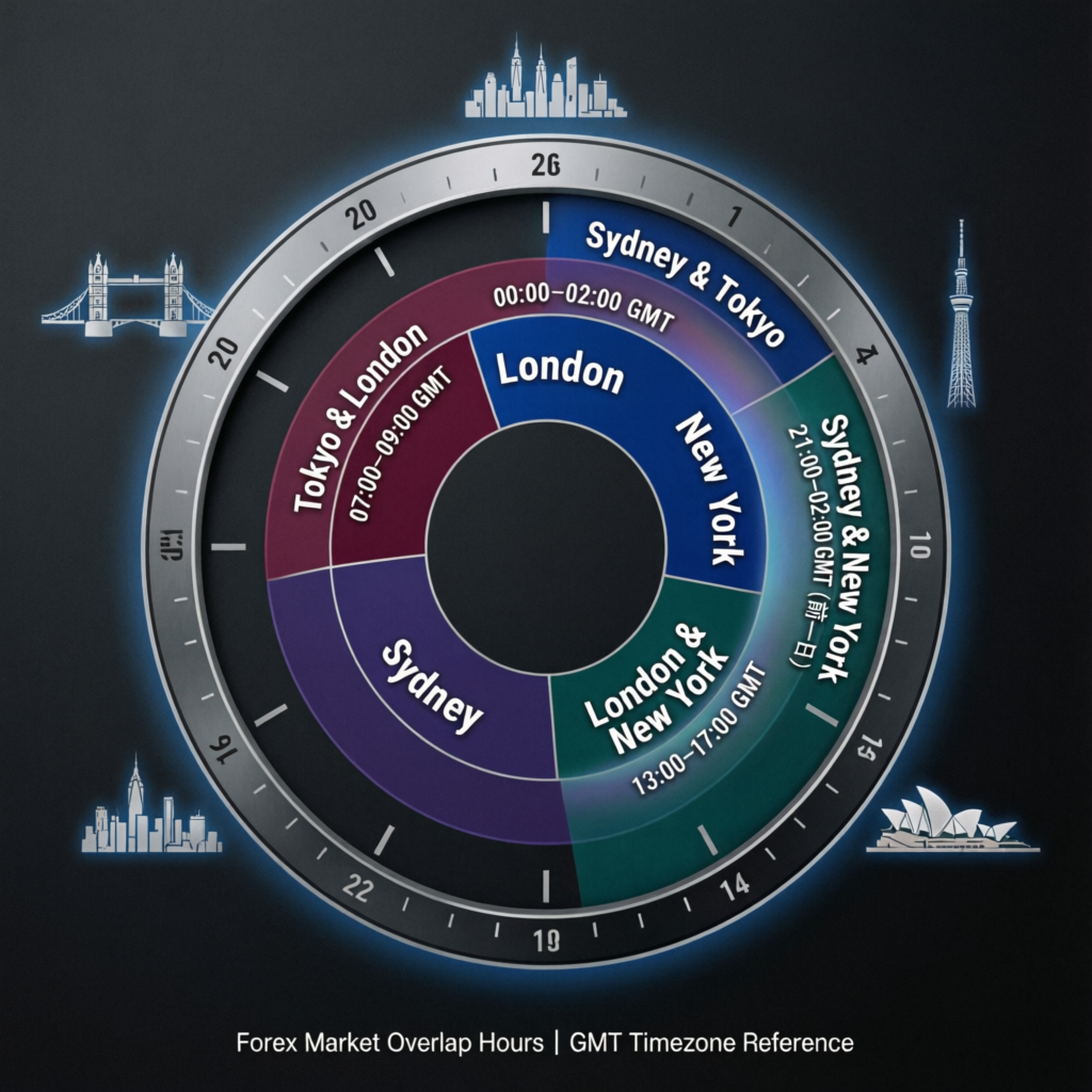 Forex Trading Sessions Clock showing London New York Tokyo Sydney overlaps