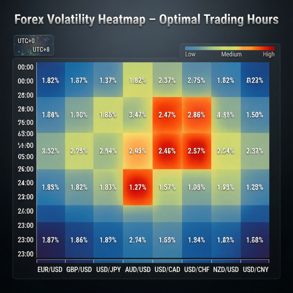 Forex Volatility Heatmap showing optimal trading hours by currency pair