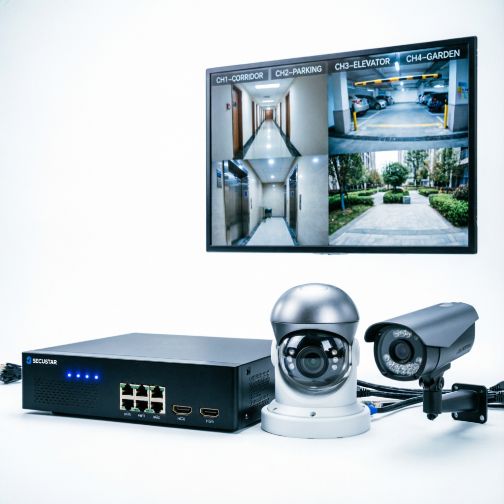 SECUSTAR CCTV Surveillance System with IP dome cameras, bullet cameras, NVR recorder and multi-channel monitoring display