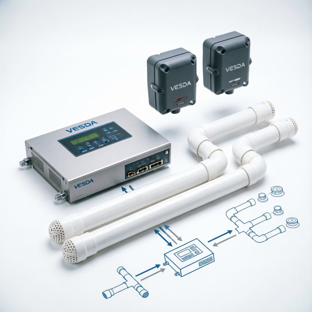 VESDA Aspiration Smoke Detection System with sampling pipes, detectors and control unit for early warning fire detection in data centers