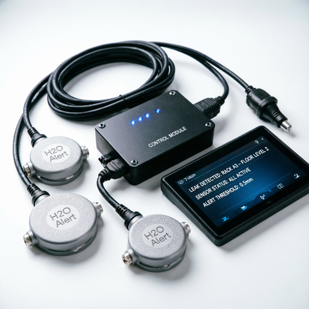 H2O Alert Water Leak Detection System with sensors, control module and display for data center and server room protection