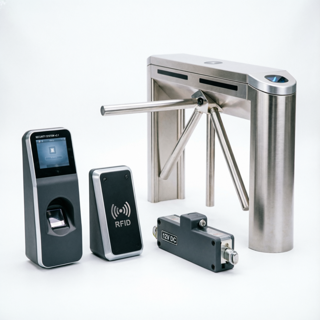 Access Control System with biometric fingerprint reader, RFID card reader, electromagnetic lock and turnstile gate for building security
