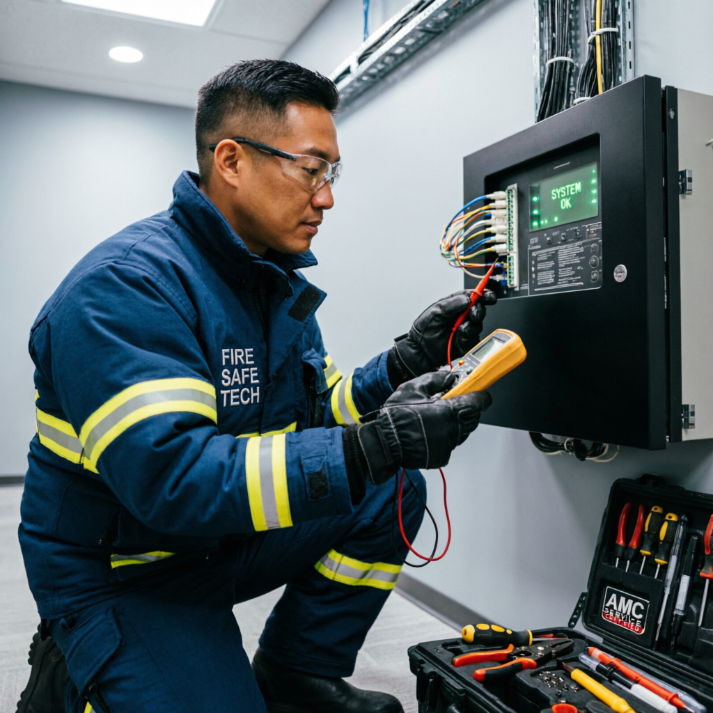 Fire Safety Technician performing AMC maintenance and testing on fire alarm control panel with professional tools