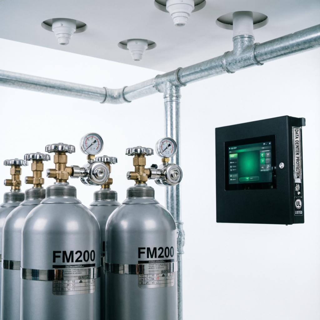 FM200 Fire Suppression System with clean agent cylinders, piping network, nozzles and control panel for data center protection