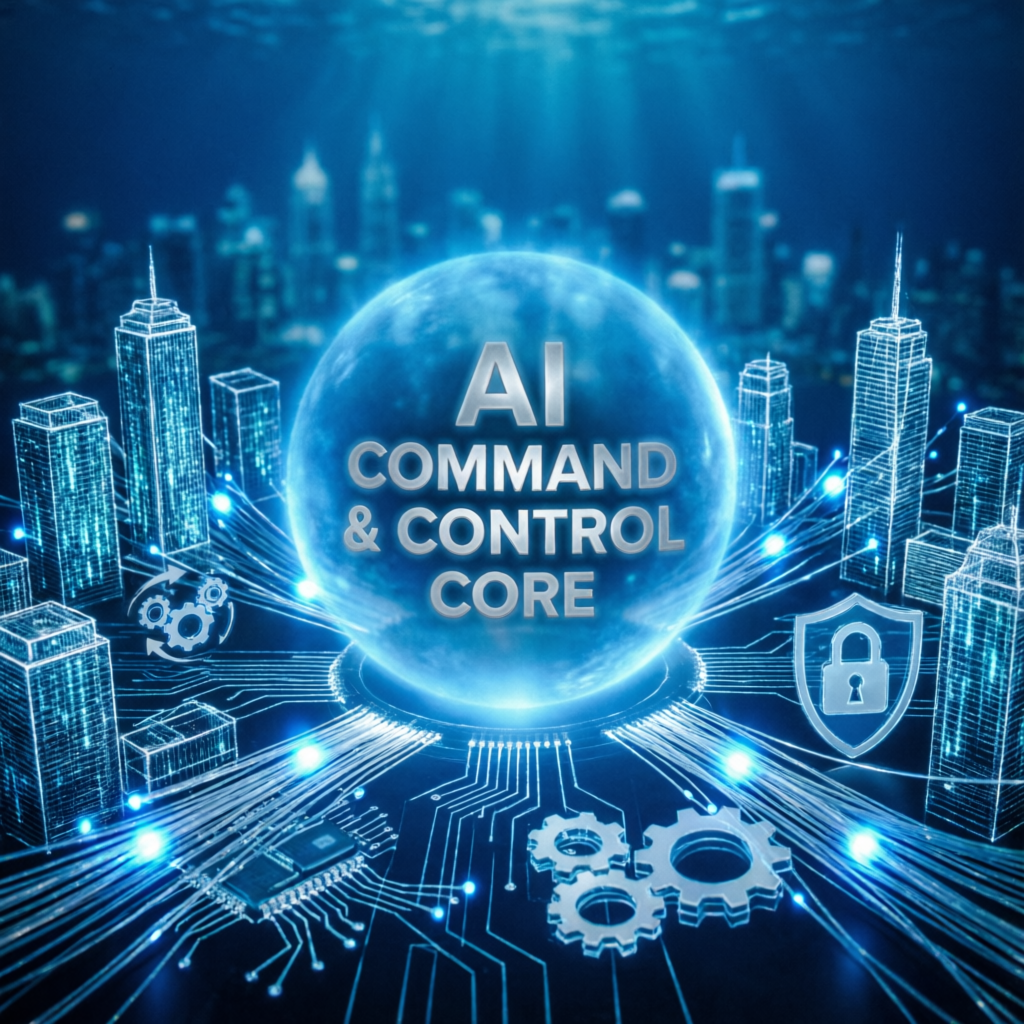 AI Command and Control Core - Star Electronic Concepts Fire Safety and Security Systems with futuristic city visualization showing integrated protection solutions