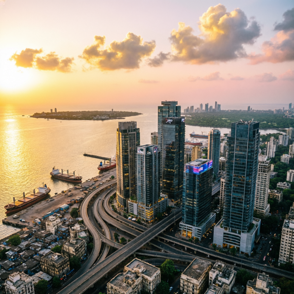 Mumbai cityscape aerial view at sunset - Star Electronic Concepts Headquarters in Mulund West Mumbai