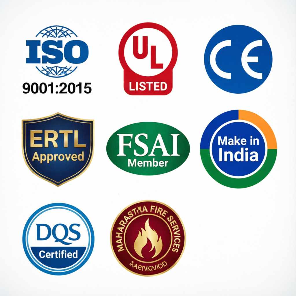 Star Electronic Concepts Certifications - ISO 9001:2015, UL Listed, CE Mark, ERTL Approved, FSAI Member, Make in India, DQS Certified, Maharashtra Fire Services Approved