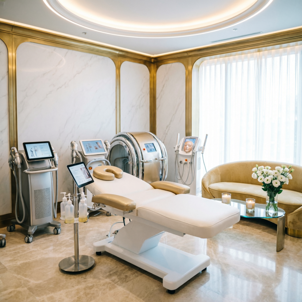 Premium body sculpting and anti-aging treatment room at Arifin Aesthetic Monaco clinic with state-of-the-art equipment