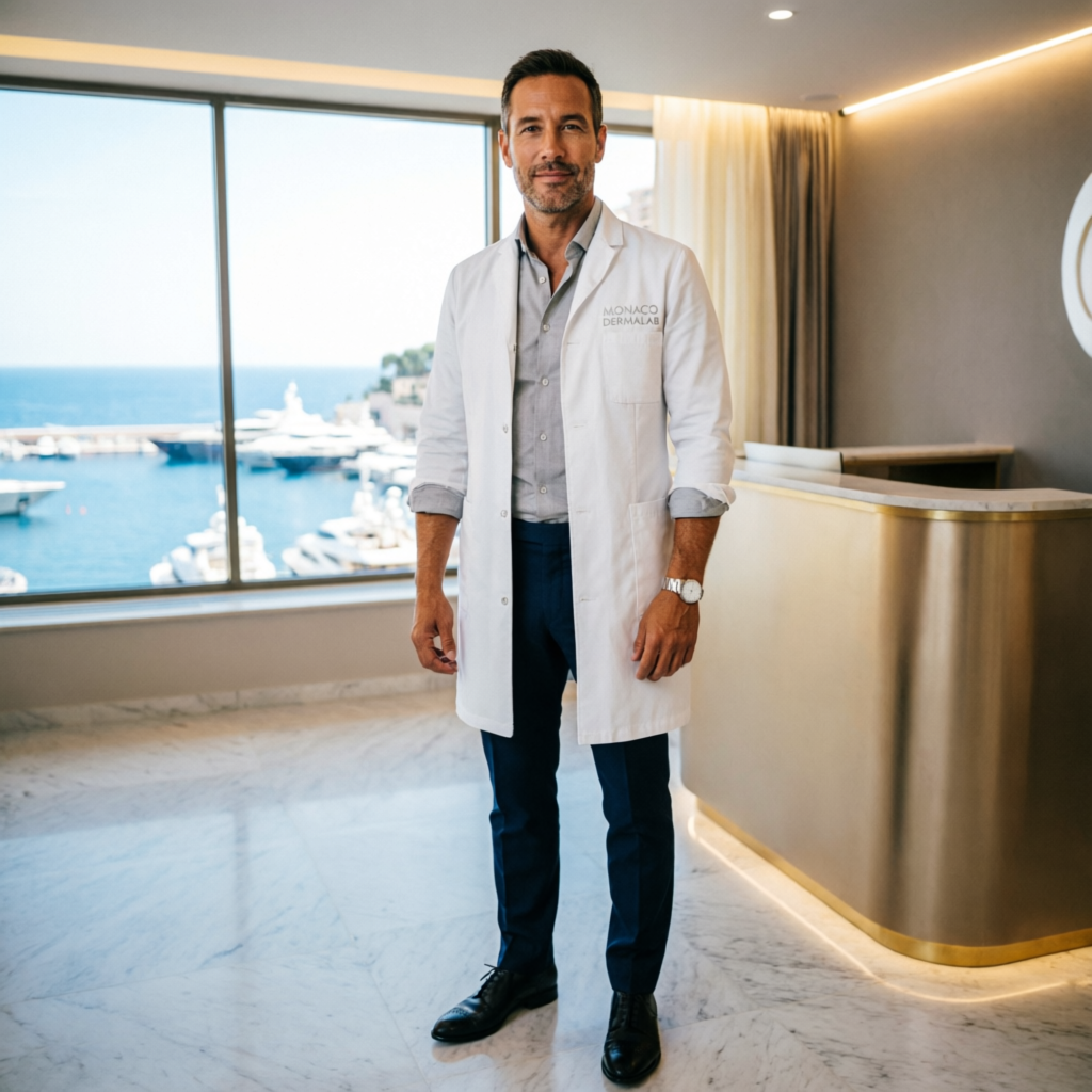 Professional aesthetic doctor at Arifin Aesthetic Monaco luxury anti-aging clinic with Monaco harbor view in background