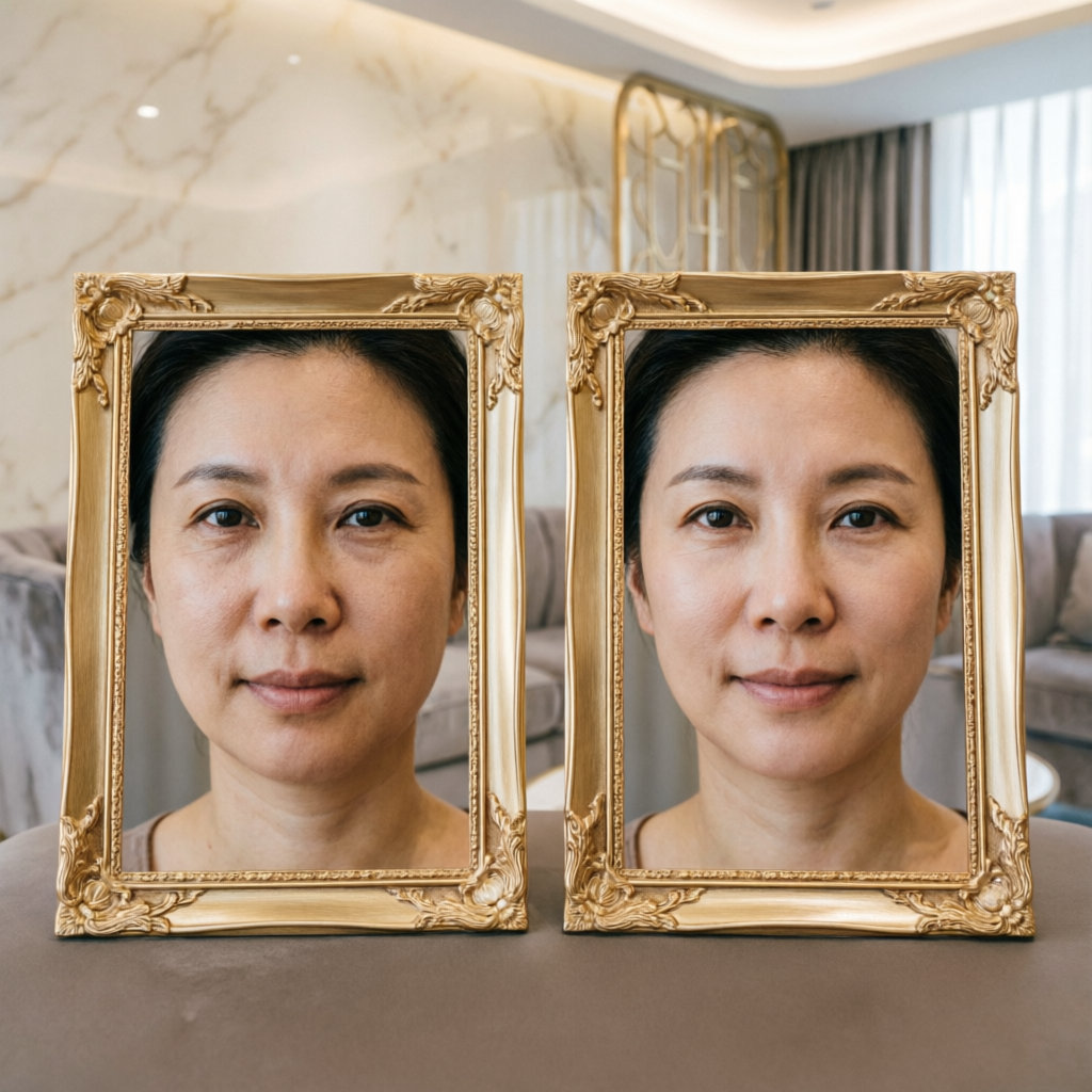 Before and after results of luxury anti-aging facial treatment at Arifin Aesthetic Monaco - professional aesthetic dermatology results