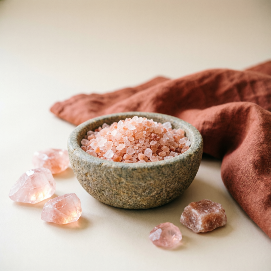 Pink rock salt crystals from an ancient mine in a stone bowl