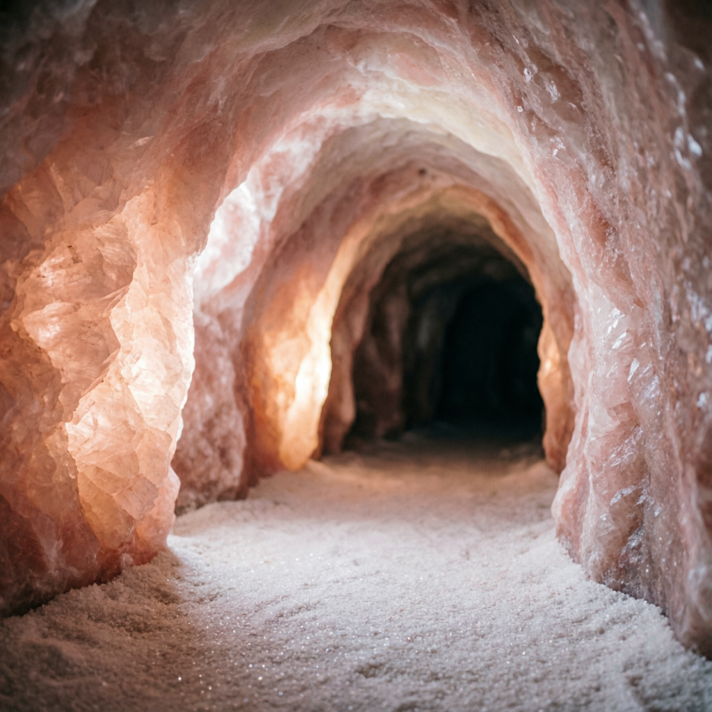 Glowing pink rock salt mine tunnel