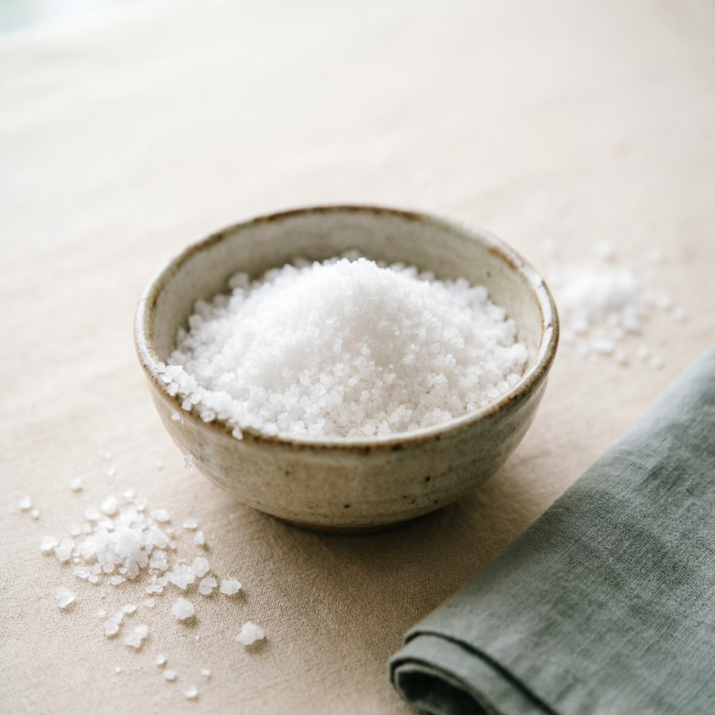Flaky white sea salt crystals in a ceramic bowl
