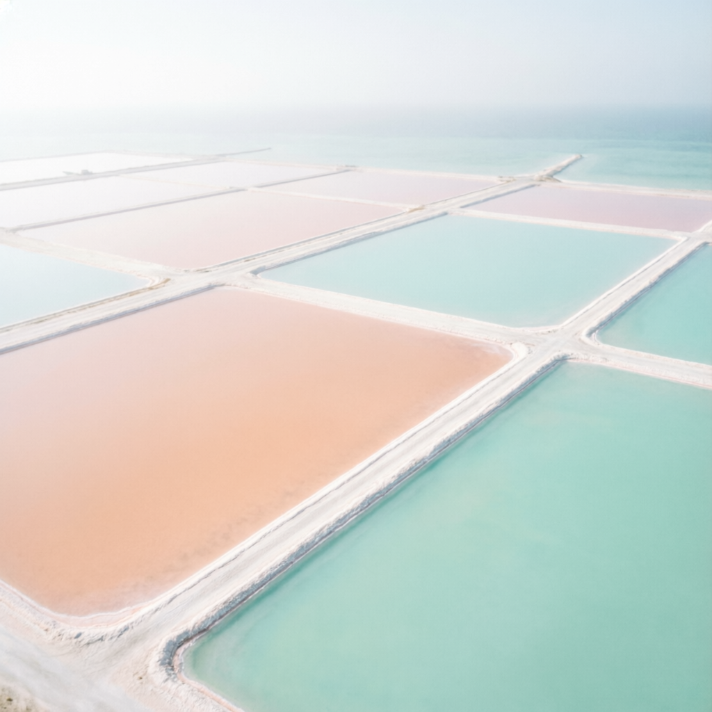 Pastel sea salt evaporation ponds seen from above