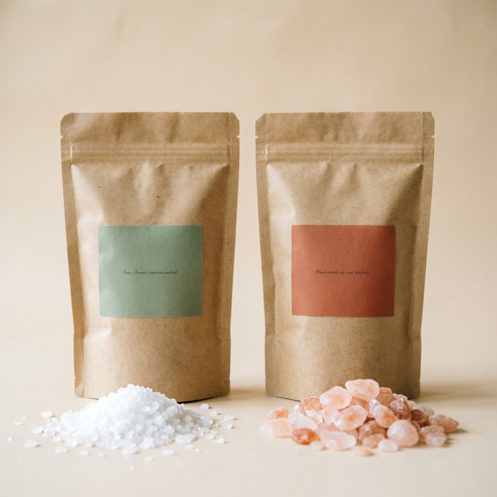 Two kraft pouches of sea salt and mine salt side by side