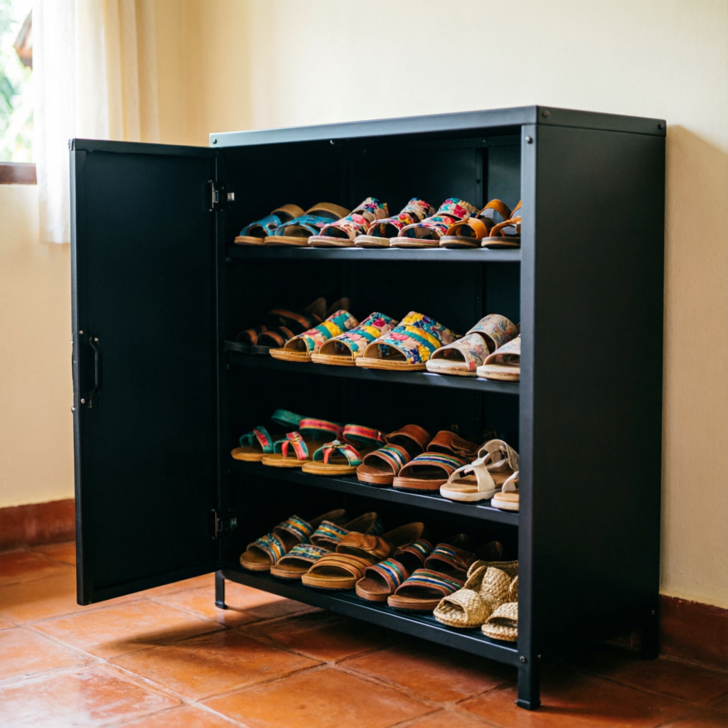 Open Shoedoc unit with rows of colourful sandals shelved inside