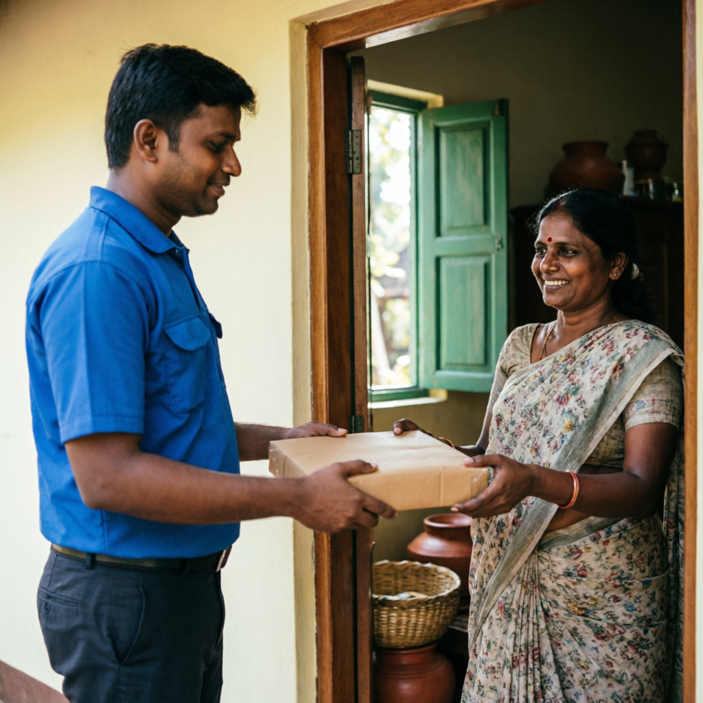 A package being handed over at the doorway of a Kerala home