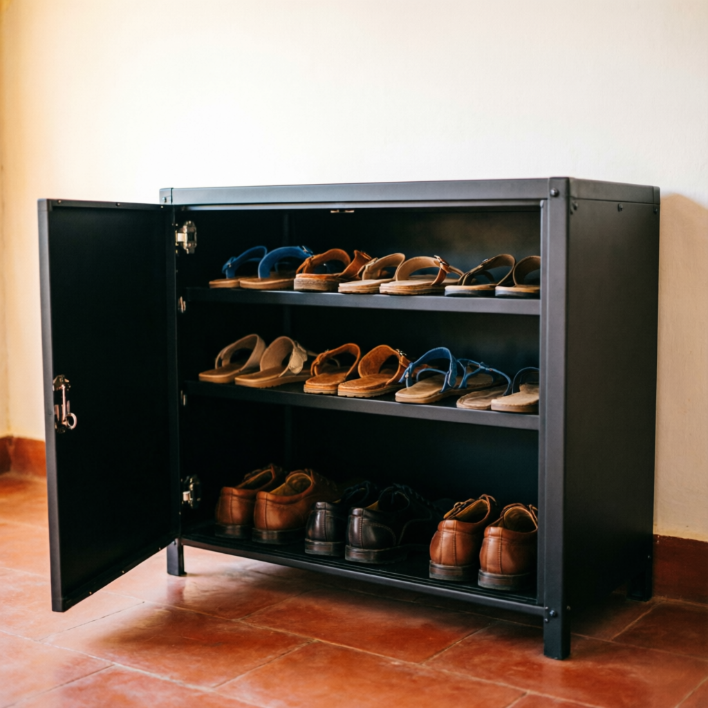 Shoedoc unit open showing internal shelves with neatly arranged footwear