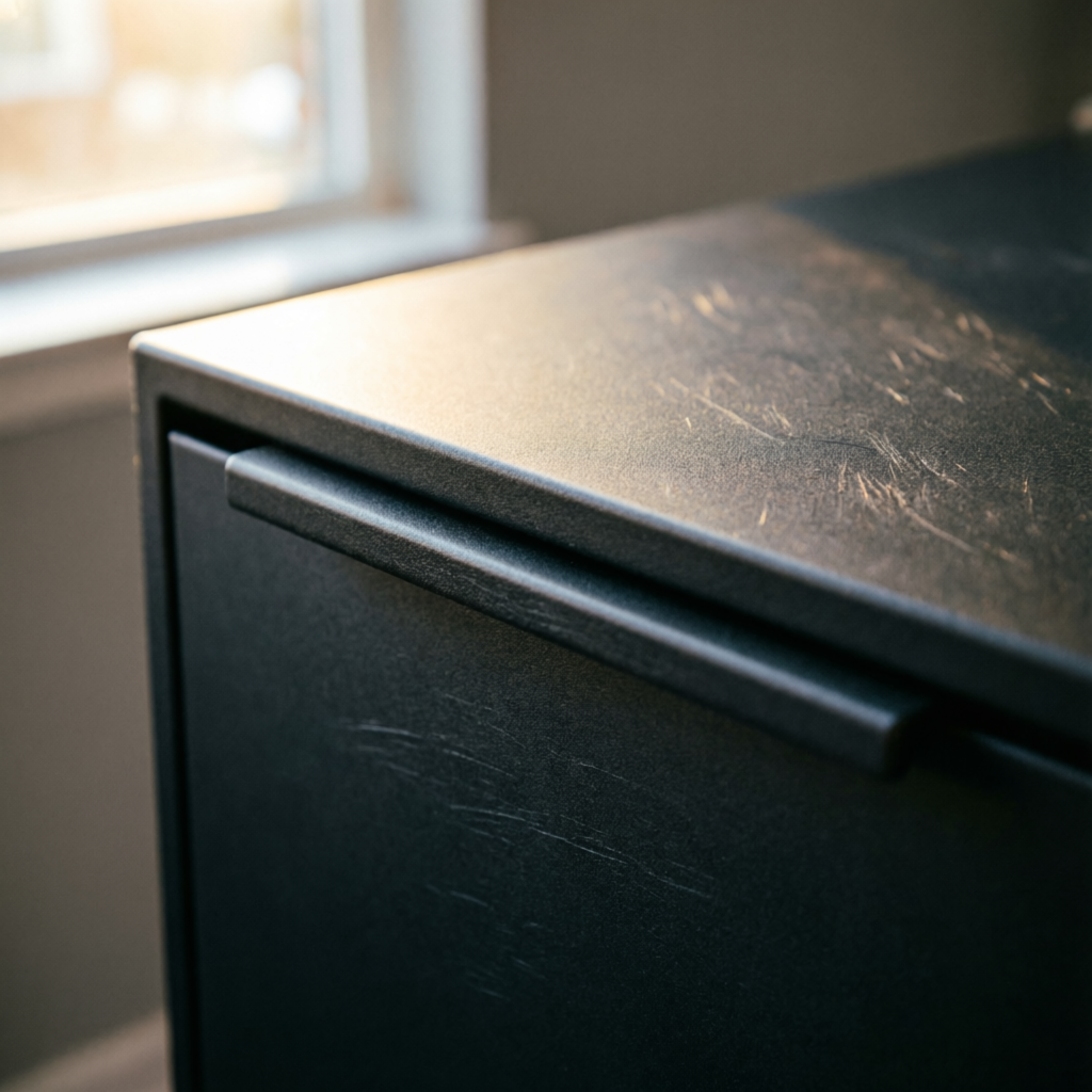 Close-up of matte black panel and handle edge in warm light