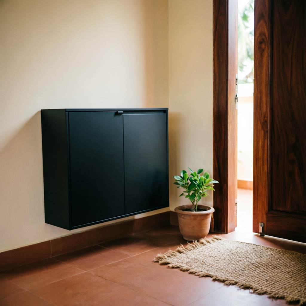 Shoedoc shoe storage unit installed closed on the entrance wall of a Kerala home, beside a wooden door frame, floor kept clear