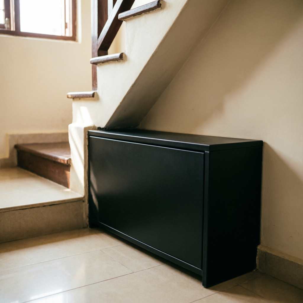 Compact black shoe cabinet fitted under a stair wall