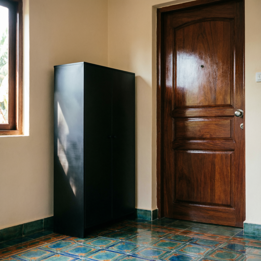 Tall black shoe cabinet beside a teak front door in a Kerala entrance