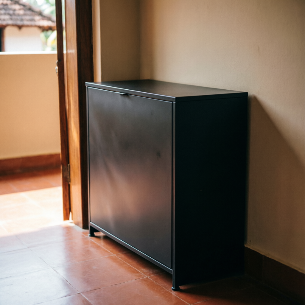Side-angle view of a slim black Shoedoc unit against a wall next to a doorway, showing its shallow profile