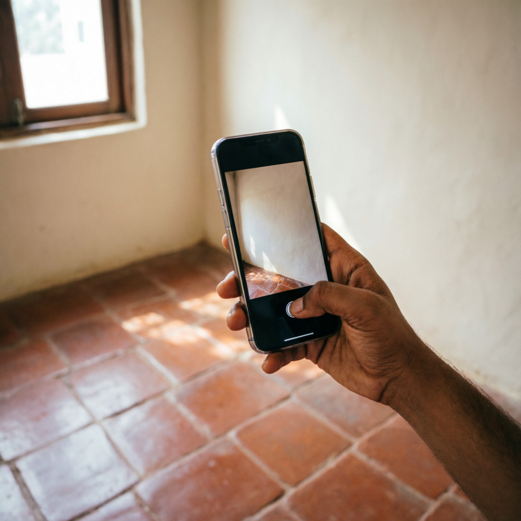 A hand photographing a bare entrance wall with a smartphone