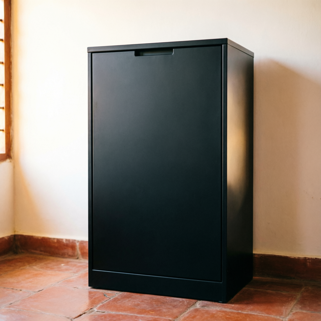 Shoedoc unit closed — a clean rectangular black plane against the wall