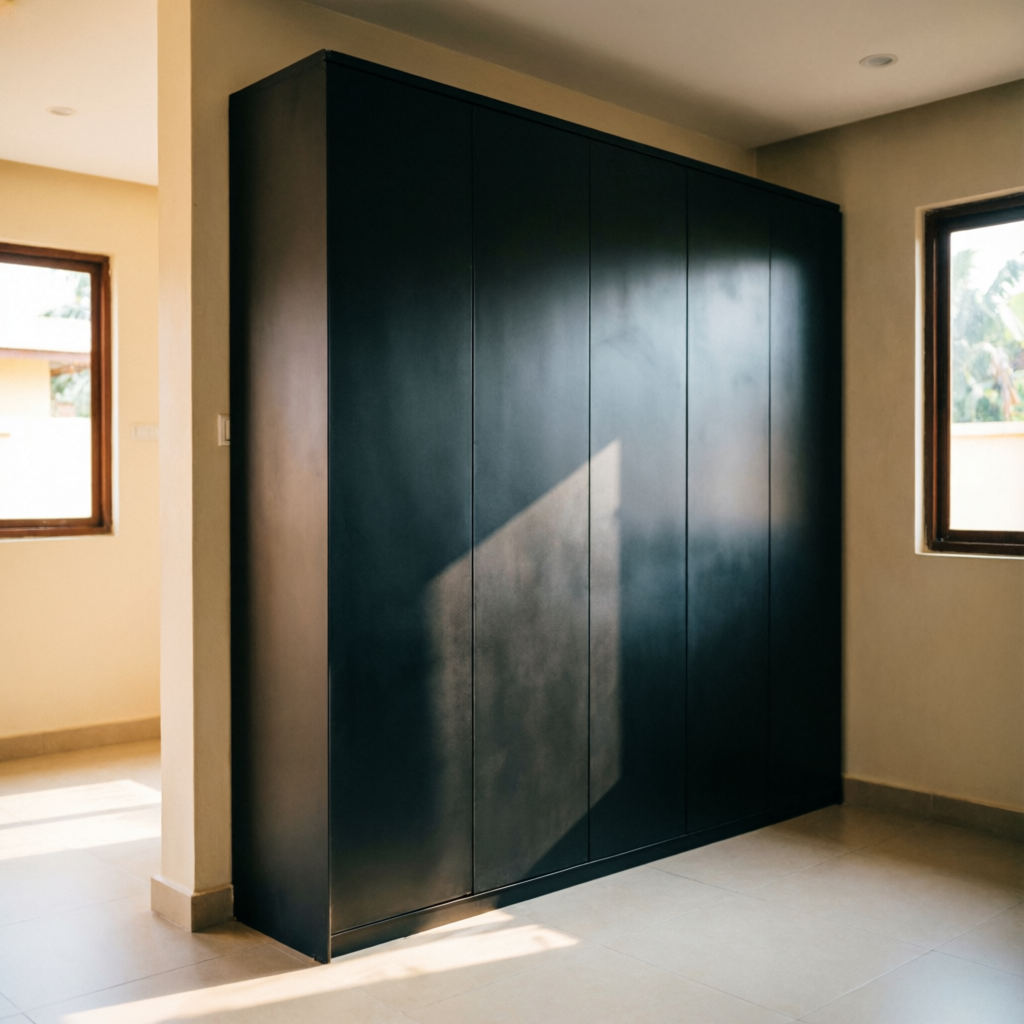 Tall full-height black shoe storage wall at a modern Kerala entrance