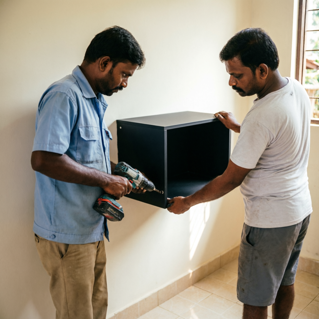 Two workers fixing a black shoe cabinet to a wall in a home
