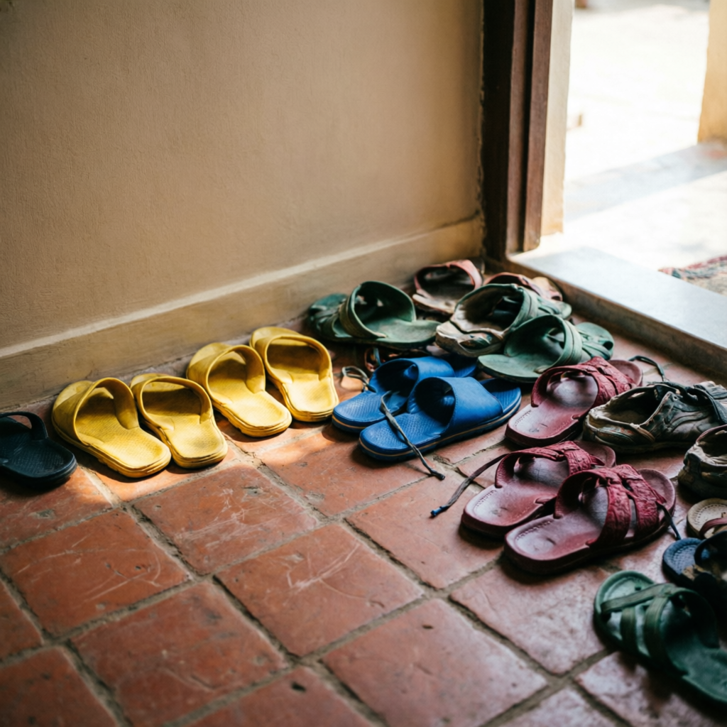 Scattered sandals and shoes piled on an entrance floor in a Kerala home