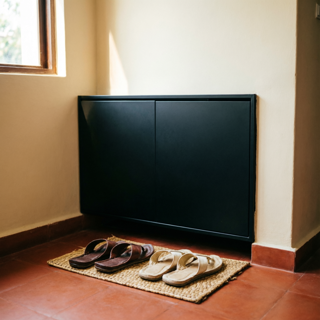 The same style of entrance, calm, with a closed Shoedoc unit against the wall and a tidy mat