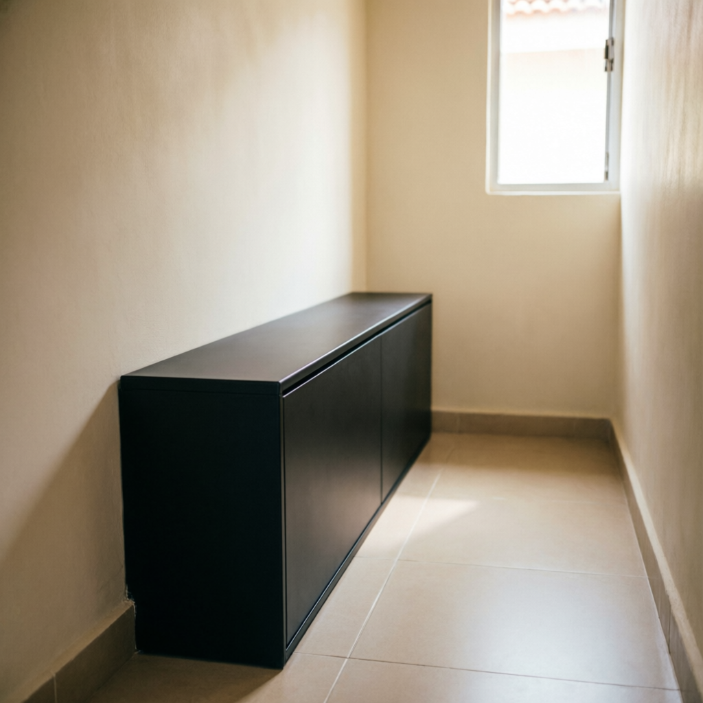Slim black shoe cabinet along a narrow passage wall
