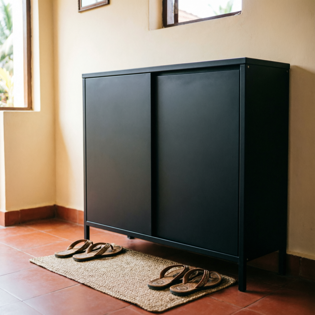 Medium-width black shoe cabinet at a family entrance with sandals on a mat