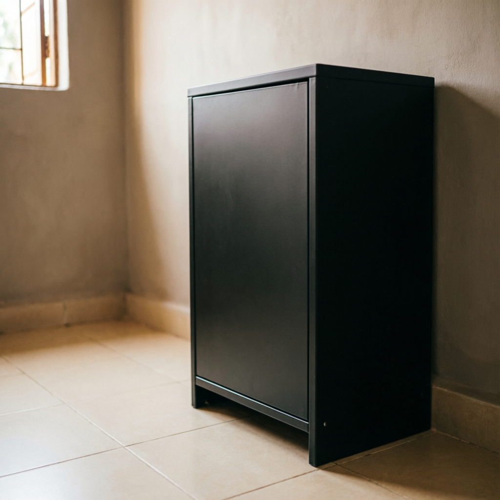 Small slim black shoe cabinet in a compact entrance