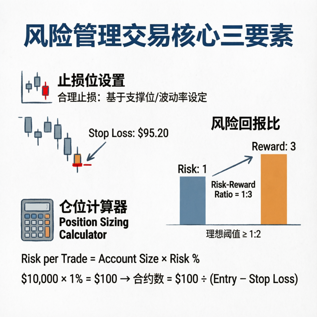 Risk management trading core elements showing stop loss placement and position sizing calculator
