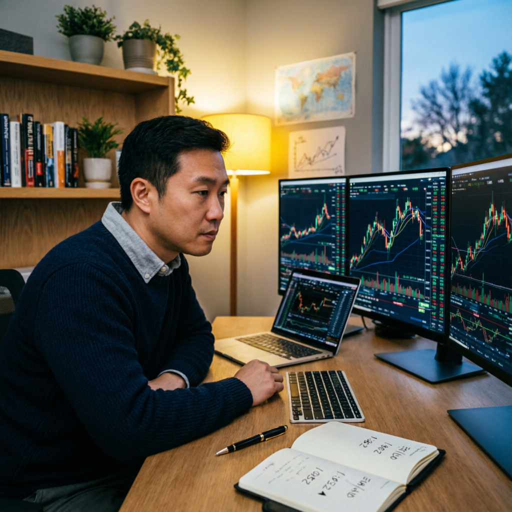 Professional trader analyzing forex charts on multiple monitors