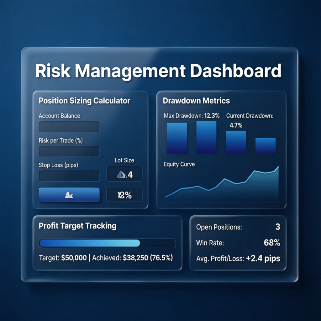 Risk Management Dashboard showing position sizing and drawdown metrics