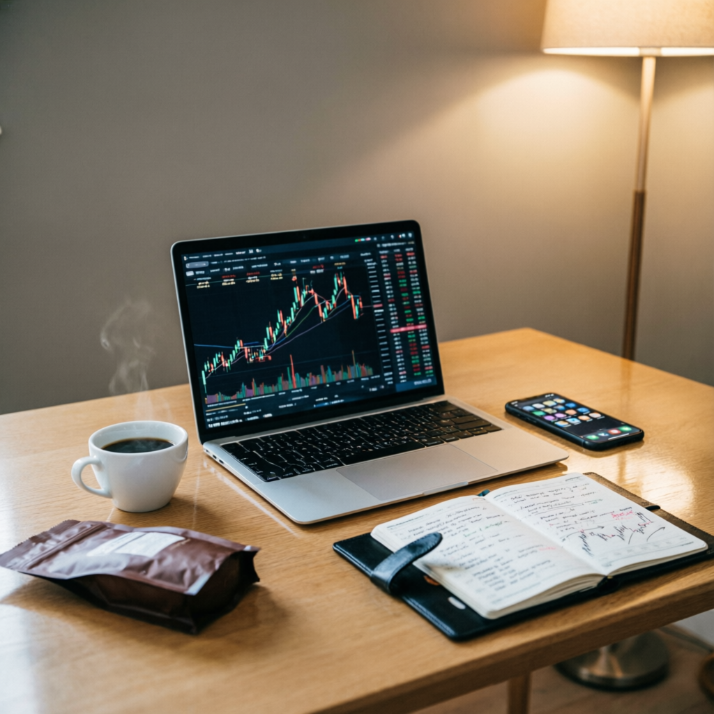 Professional trader workspace with laptop showing charts and trading journal