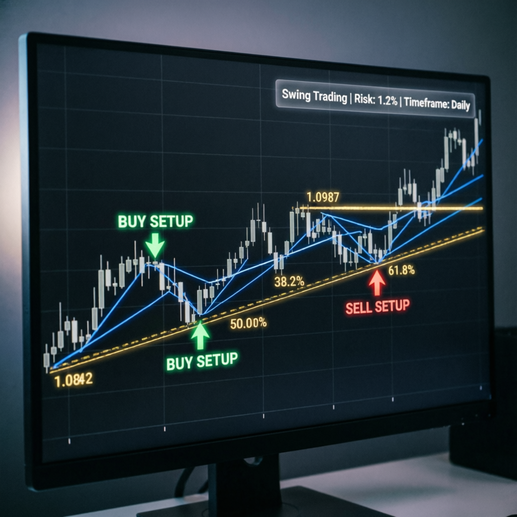 Swing Trading Chart showing buy and sell setups with Fibonacci retracement levels