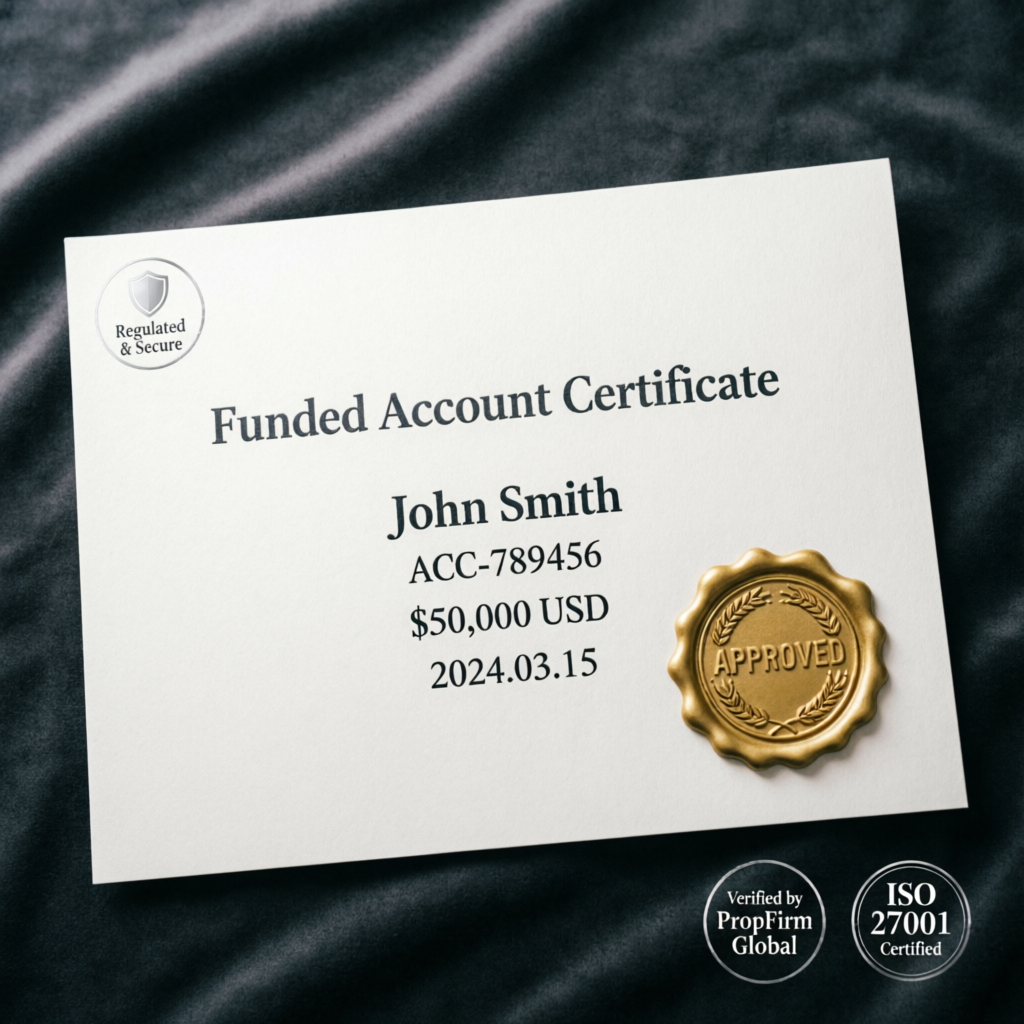Funded Account Certificate with gold seal and approval stamp