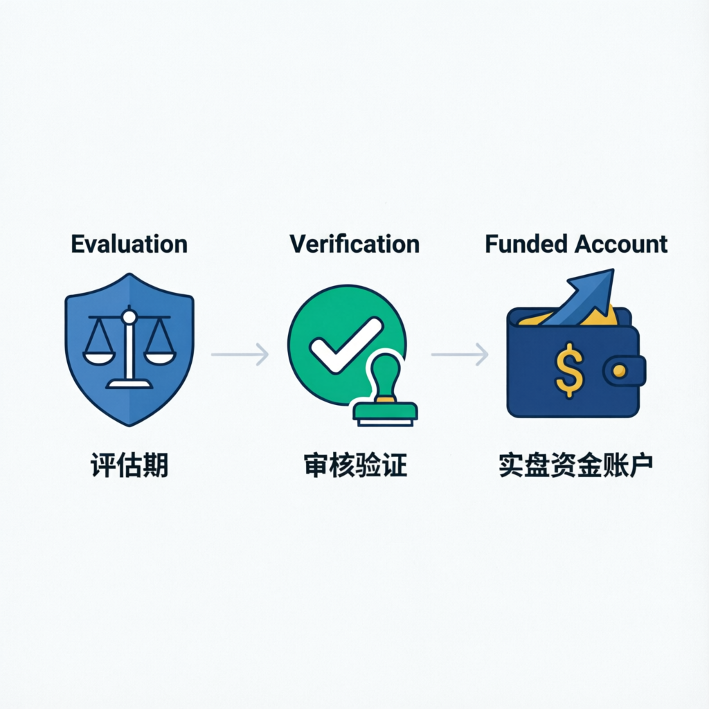 Prop firm evaluation process: Evaluation → Verification → Funded Account
