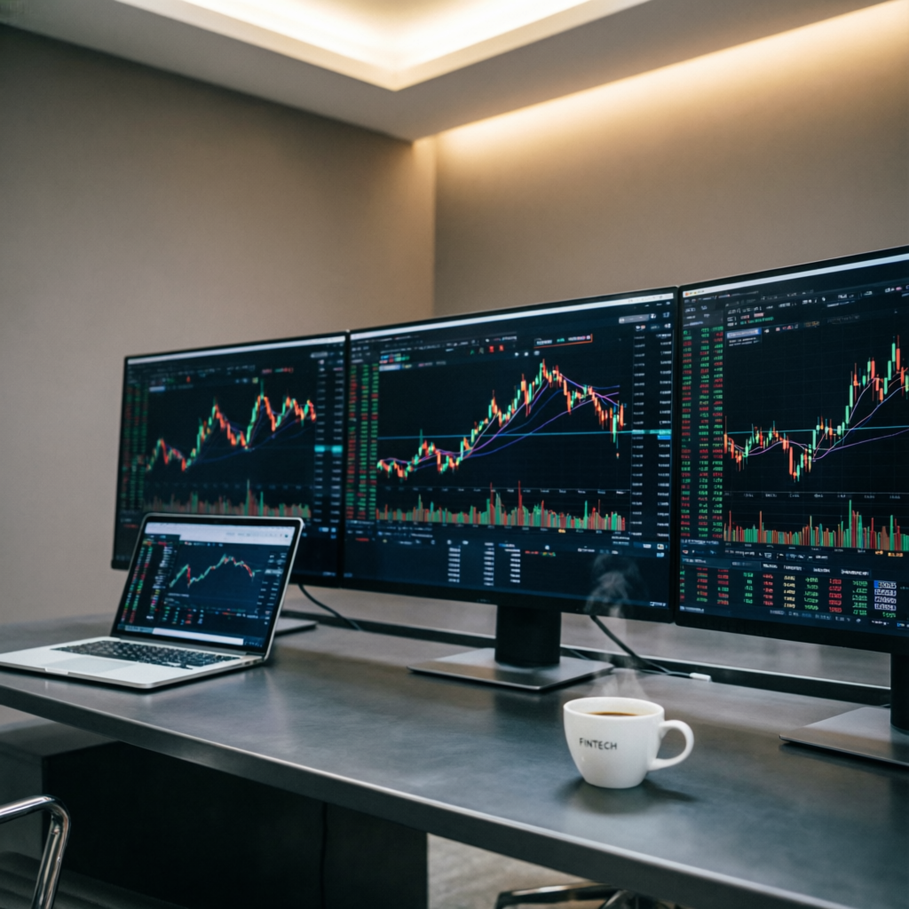 Professional trading desk setup with multiple monitors displaying Apex Trader Funding futures trading charts