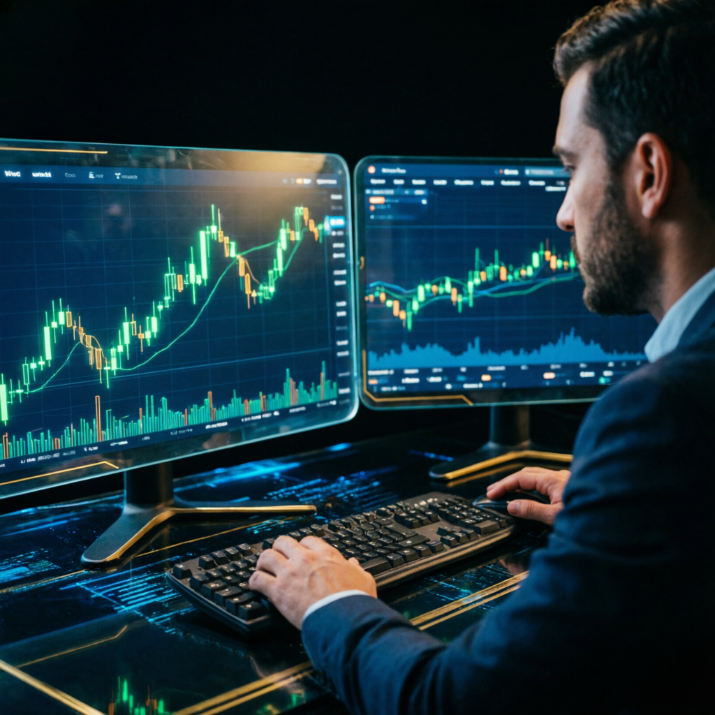 Professional futures trader using Apex Trader Funding platform with multiple screens showing trading charts